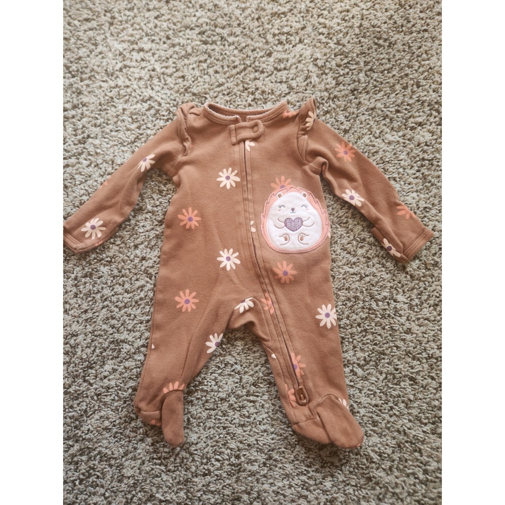 Carters Newborn Girl Brown Daisy Floral Hedgehog Zip Up Footed Sleeper Pajamas